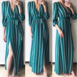 Forever 21 Teal Striped Long Sleeve Maxi Dress with Double Slits Size M
